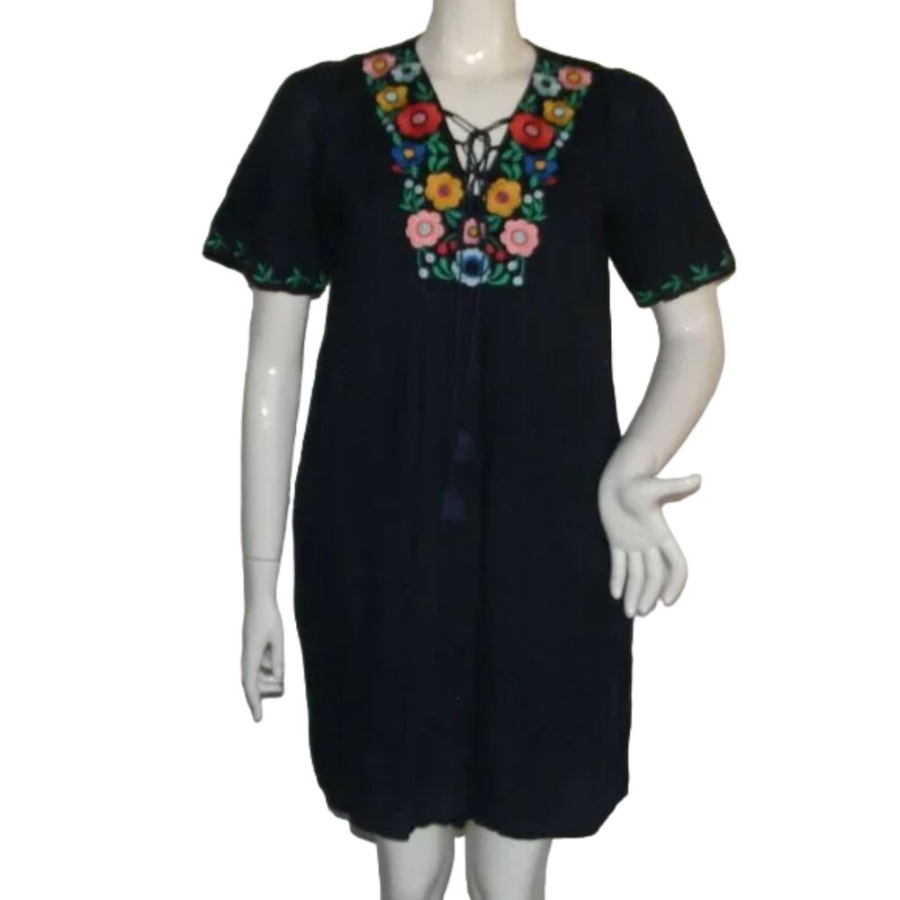 MARGARET O'LEARY Gauze Dress, XS, Navy Blue, Embroidered Top, Lace Front, Cotton